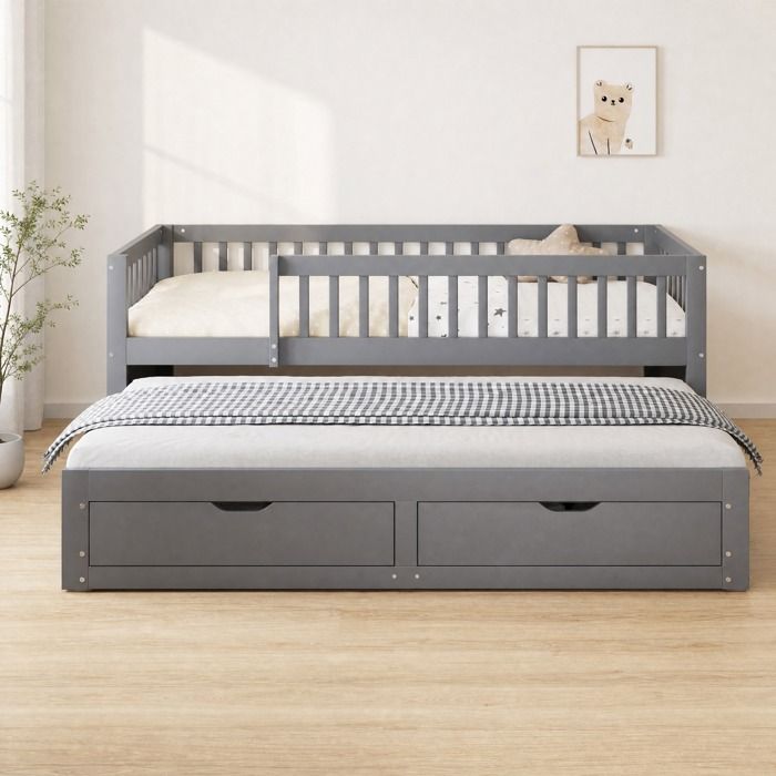 Lit combiné gigogne 90×200 cm avec Barrières de sécurité 2 tiroirs de rangement Sans Matelas en Bois Gris