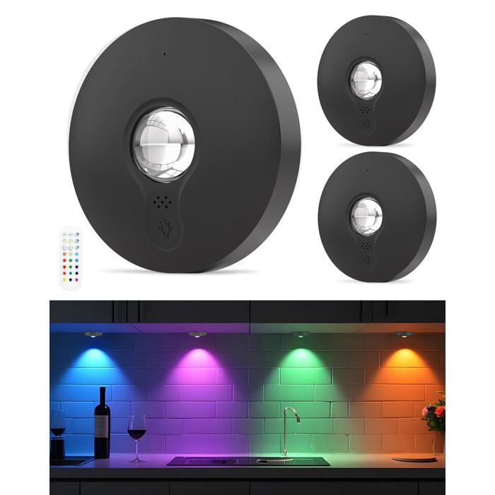 Lot de 3 spots LED RGB sans fil rechargeables avec télécommande - fixation magnétique et minuterie intégrée pour ambiance colorée
