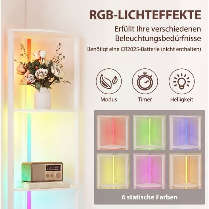 Étagère d’angle avec lampe LED RGB – 5 niveaux – Blanc – MDF – Télécommande