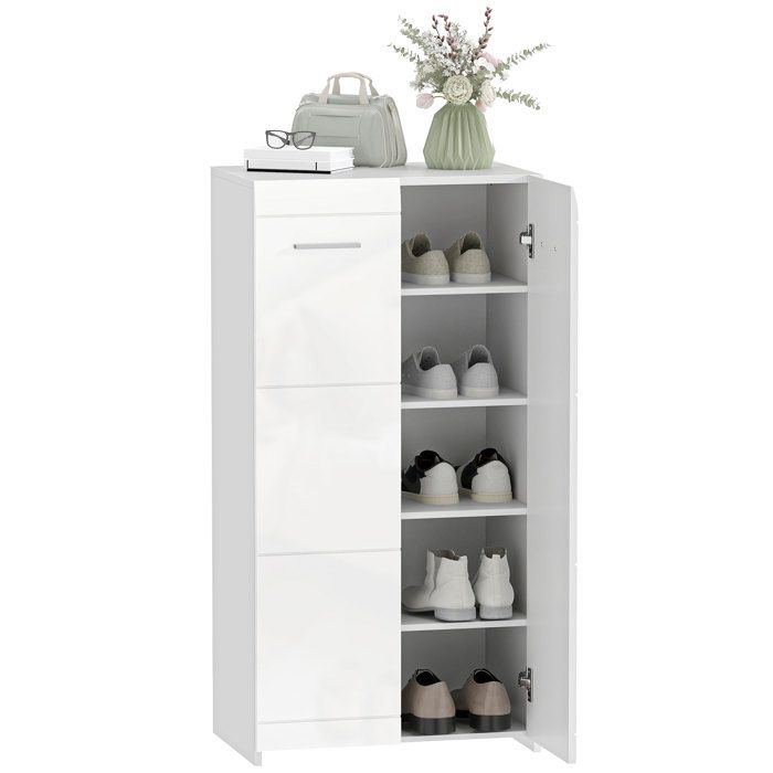 Meuble à chaussures laqué blanc avec étagères réglables idéal pour lentrée ou le couloir. Capacité : 10 paires.