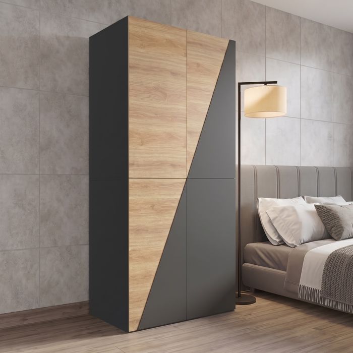 Armoire de chambre moderne 90 x 50 x 200 cm avec 1 tringle à vêtements 1 porte-pantalons 1 bac de rangement et 2 tiroirs