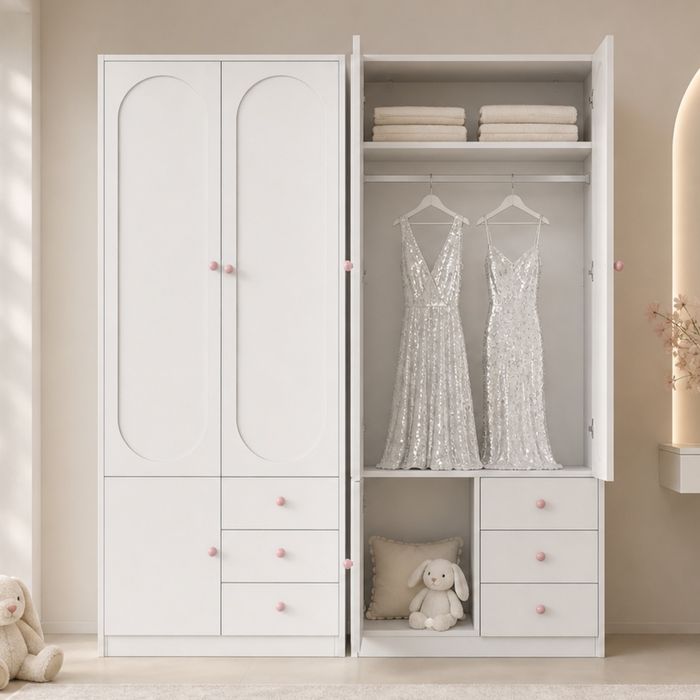 Armoire penderie enfant blanc 80x50x200 cm 2 portes à design arqué 3 tiroirs poignées en céramique rose tringle à vêtements Lot de 2