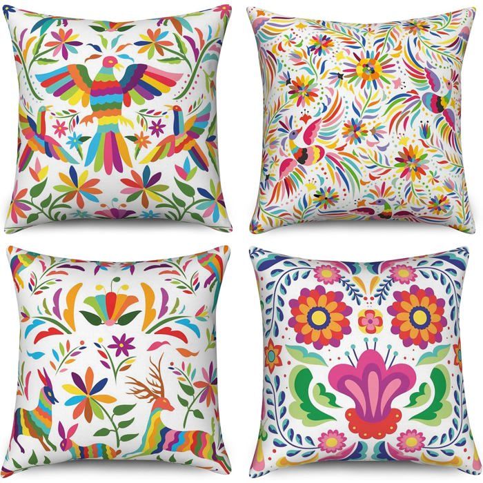 Lot De 4 Housses De Coussin 40 X 40 Cm Lin Motif Fleurs Oiseaux Et Décor Ethnique Coloré Pour Canapé Lit Jardin Et Extérieur