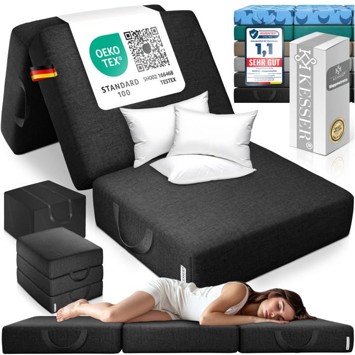 Matelas pliant 3 parties - KESSER - Noir - 75 x 195 x 15 cm - Mousse à mémoire de forme Matelas pliant 3 parties - KESSER - Noir - 75 x 195 x 15 cm - Mousse à mémoire de forme