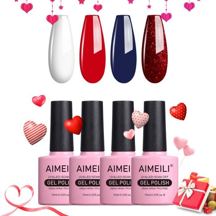 AIMEILI Vernis Semi Permanent Set 4pcs X 10ml Blanc Rouge Bleu Pailleté ,Lot Vernis à Ongles Gel Soak Off UV LED Manucure Kit 33