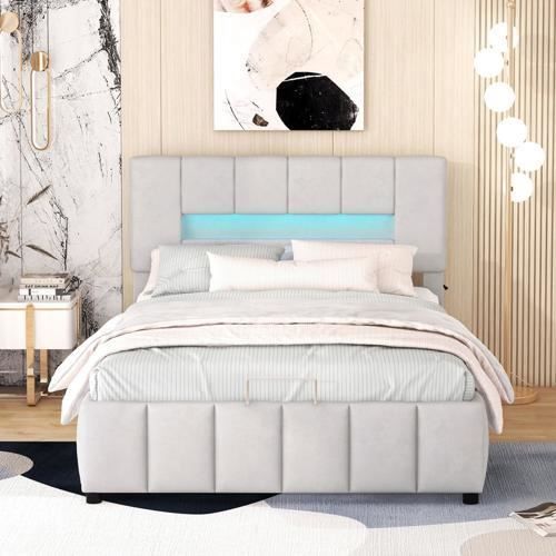 lit capitonné 140x200, lit double avec éclairage led, cadre de lit moderne avec rangements, gris,lit rembourré, sans matelas