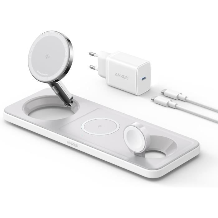 Anker Station de Charge 3-en-1 pliable Qi2 15W pour iPhone AirPods Apple Watch – 40W USB-C + câble 15m