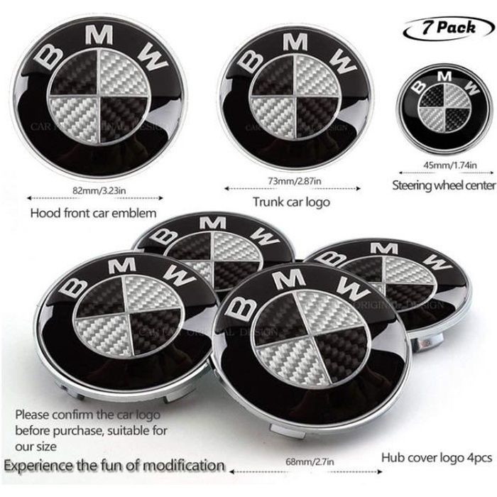 7 Badge LOGO Embleme BMW Carbone Noir Gris Capot 82mm+ Coffre 74mm +Volant + 4 x cache moyeu 68mm