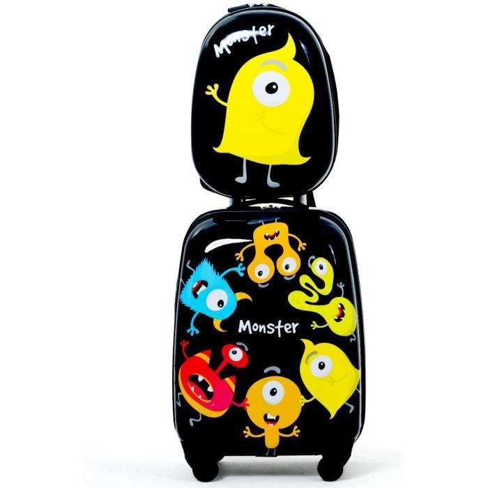 costway valise enfant à roulettes 16’’ + sac à dos 12’’ ensemble de bagage noir pour enfant s avec motif petit monstre pour garçons