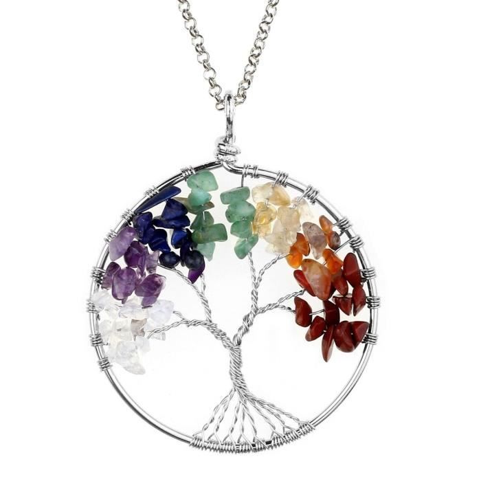 bijoux pendentif collier 7 pierres chakra naturelles diy arbre de la vie en cuivre fil forme rond perles pierre precieuse d'energie