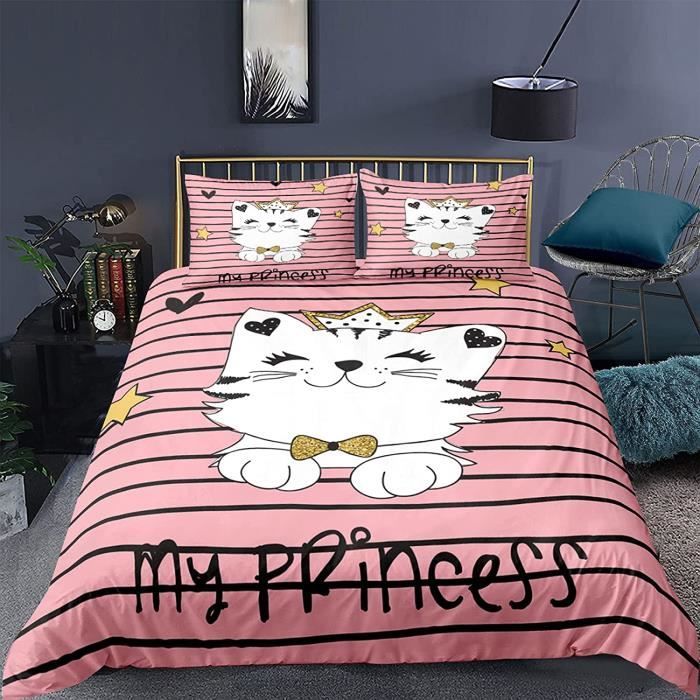 Housse De Couette Enfant 90x190 Cm - Motif Chat Gris Cartoon - Microfibre Douce - 2 Pièces (housse + Taie 40x60 Cm)