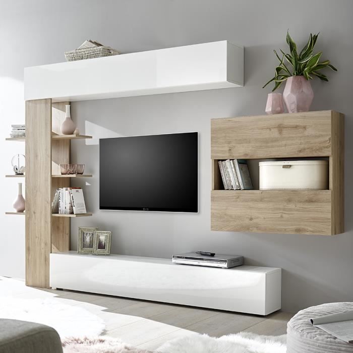 Ensemble Meubles Tv Blanc Et Chene Moderne Fino 3 Marron L 257 X P