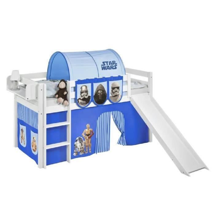 Lit surélevé JELLE Star Wars bleu - LILOKIDS - blanc laqué - toboggan et rideaux inclus Lit surélevé JELLE Star Wars bleu - LILOKIDS - blanc laqué - toboggan et rideaux inclus