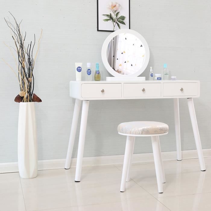 Coiffeuse Avec Miroir Coulissant Et 6 Tiroirs – Table De Maquillage Blanc Moderne, Rangement Organisé, Avec Tabouret