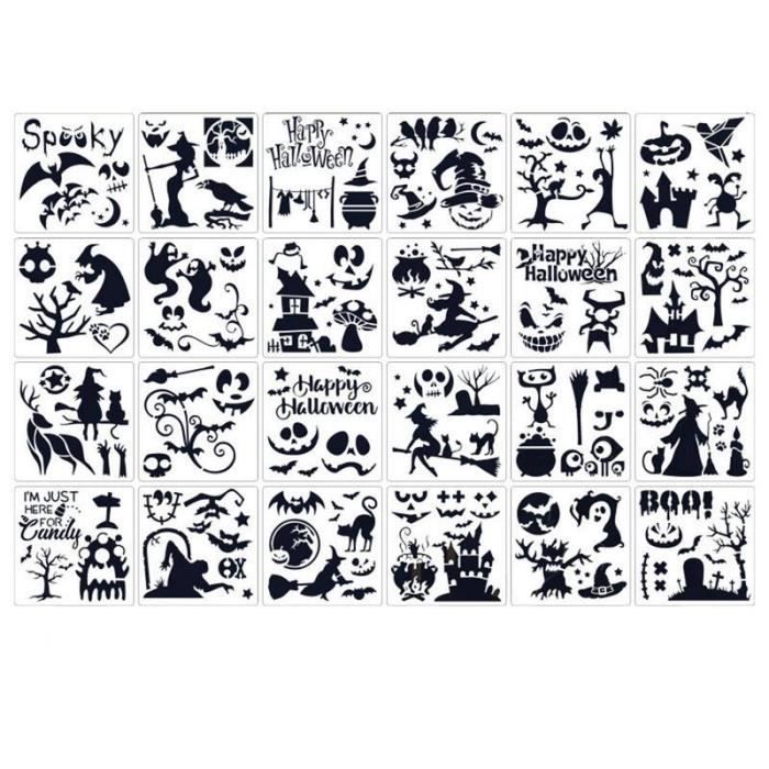 Pochoirs Halloween Réutilisables - 16 Motifs Citrouille, Araignée, Sorcière - Pour Décorer Mur, Bois, Cartes DIY
