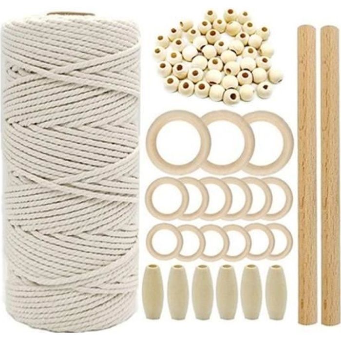 Macramé Starter Kit Set Faire corde de coton Anneaux en bois Perles Sticks pour le bricolage mur Craft Hanging