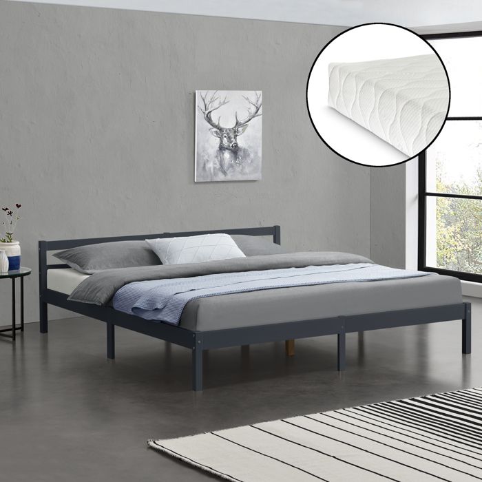 Lit Double 180x200 Cm Avec Matelas Mousse à Froid - Tête De Lit Rembourrée Similicuir Gris - Sommier à Lattes Inclus - 3