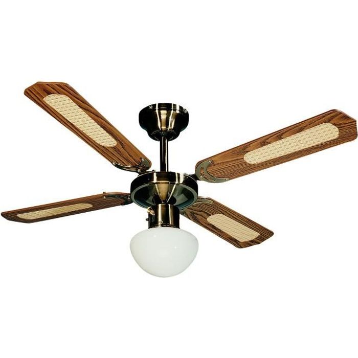 FARELEK - BALI Ø 107 cm - Ventilateur de plafond réversible Laiton Antique, 4 pales noyées / cannées noyer + éclairage