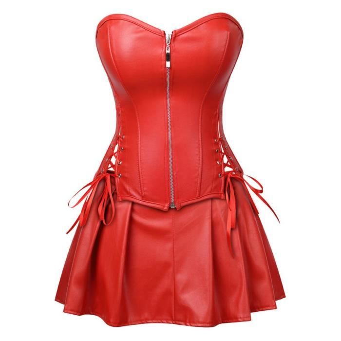 Grebrafan Ensemble Corset et Jupe Imitation Cuir avec Zip à l/'avant