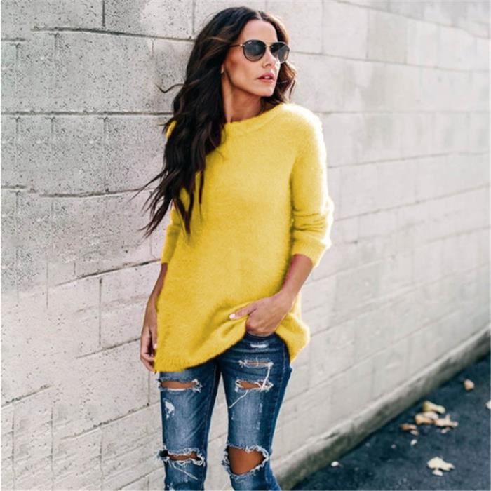 Tricot Pull Femme Doux Pullover Chic Manches Longues Rond Col Casual Automne Hiver De Haute Qualite Chaud Sweater jaune Jaune Cdiscount Pret a Porter