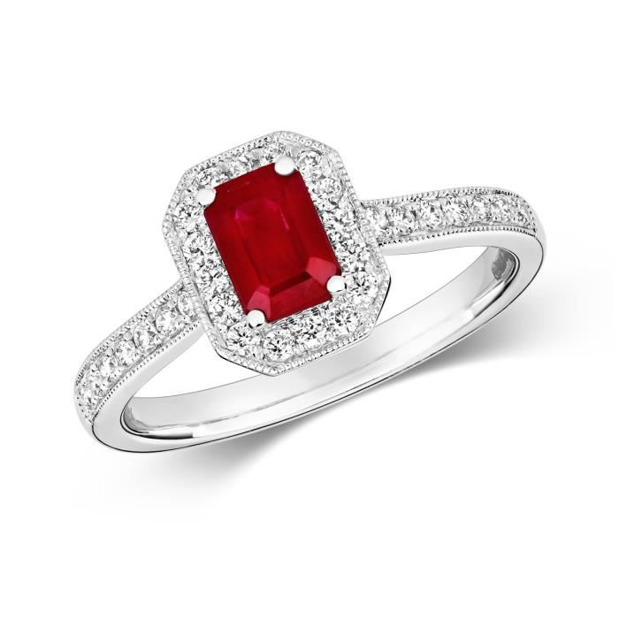 Bague Or Blanc 375 (9 Carats) Avec Rubis Central Et Pavage De Diamants - Occasion - France