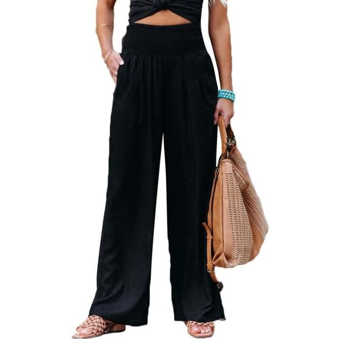 Pantalon Femme Lin Taille Haute Elastique Pantalon Large Chic Et Elegant  Pantalon Fluide Pantalon de Travail Léger,Noir