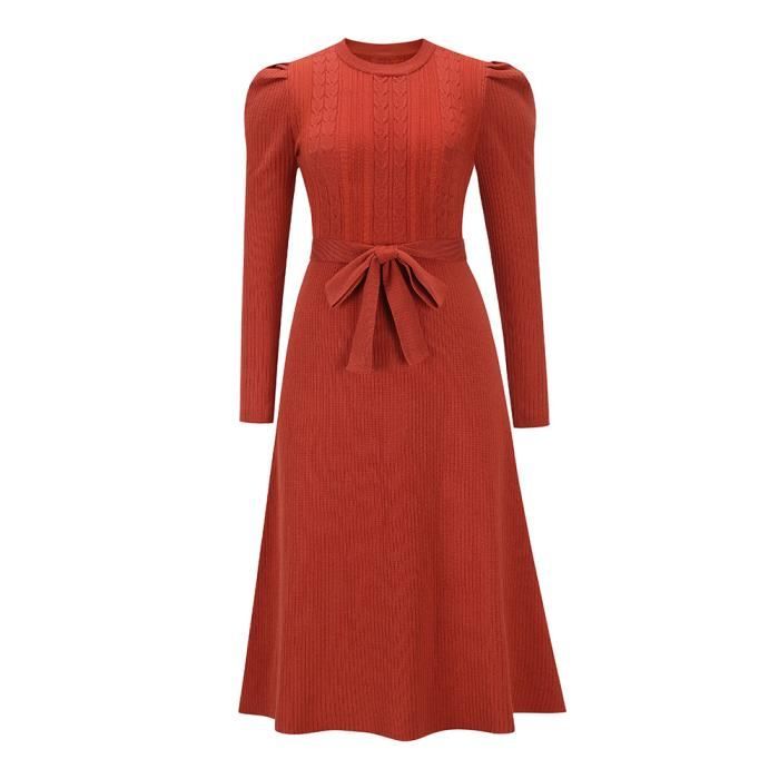 Robe en Tricot Femme Mi longue Slim Fit Manches Longues Robe Pull Col Rond Couleur Unie Avec Ceinture Rouge Rouge Cdiscount Pret a Porter