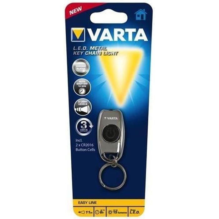 varta l.e.d. metal key chain light, lampe porte-clés, chrome, led, 15 lm, 11 m, cr2016