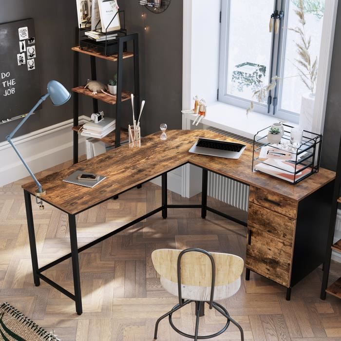 Bureau d'angle Fabrice 150 cm avec tiroir & tablettes - rustique brun/noir  Industriel - Vasagle