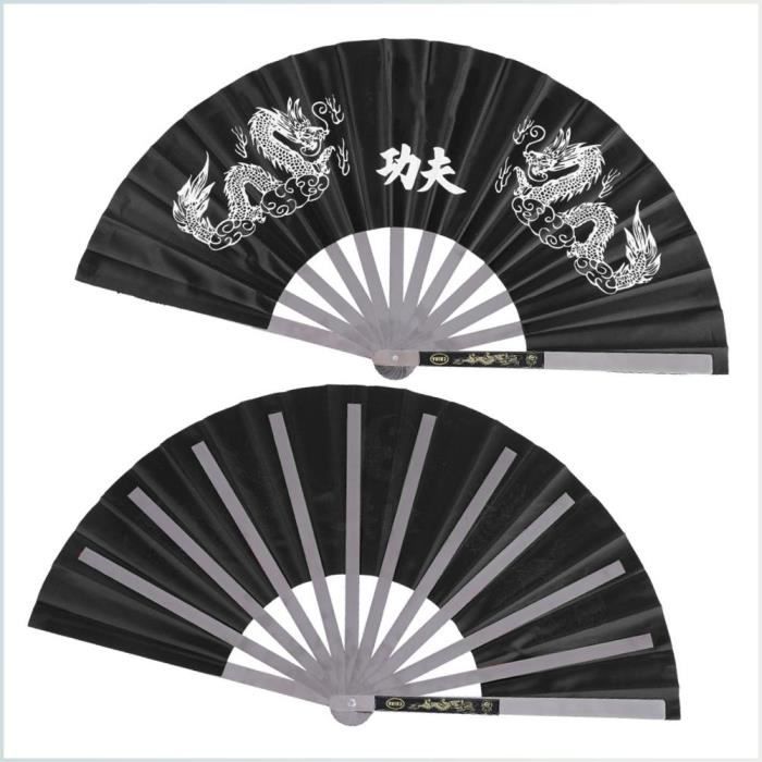 Eventail en Acier Inoxydable Noir Tai Chi Arts Martiaux Danse Pratique