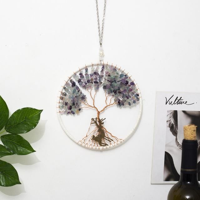 Nupuyai Carillon éolien en tranche d'agate colorée, 7 chakras, pierre de guérison, cristal d'arbre de vie, ornements à suspendre pour décoration de maison, fenêtre, jardin