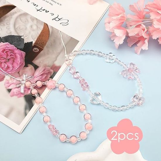 Lot De 4 Breloques Pour Téléphone - Nœud Cristal, Fleur, Petit Ours, Bracelet Téléphone (blanc Et Rose) - 10