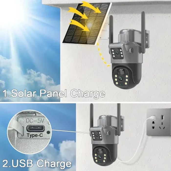 4K Caméra Surveillance WiFi Extérieure à Double Objectif,360° PTZ Caméra IP, 8MP Détection Humaine avec Panneau Solaire,Suivi Automatique,Vision Nocturne Couleur,Étanche,Audio Bidirectionnel,2,4/5Ghz