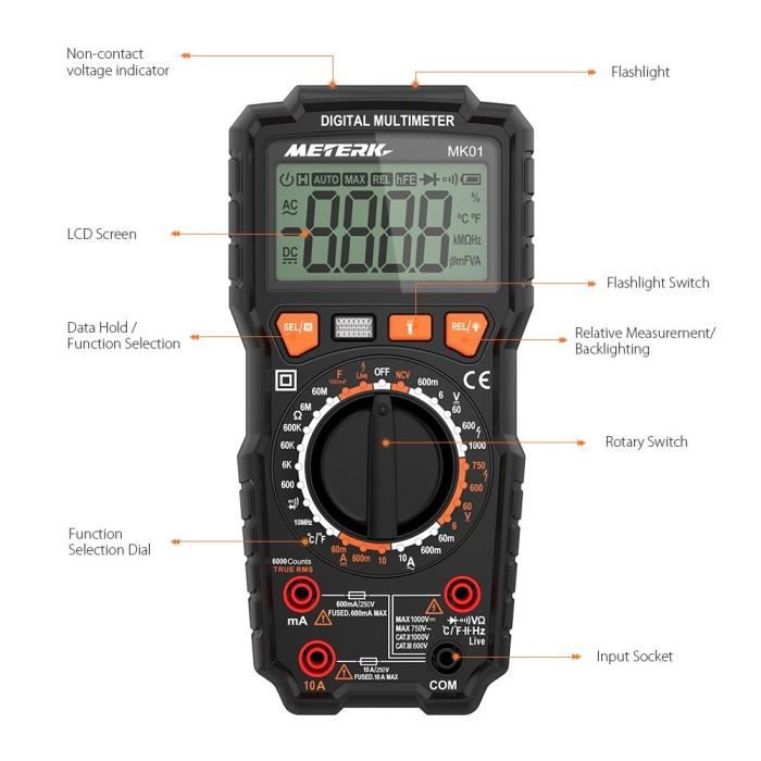 Neoteck Multimètre Numérique 2 En 1 TRMS 6000 + Testeur Tension Sans Contact NCV - Écran LCD Noir