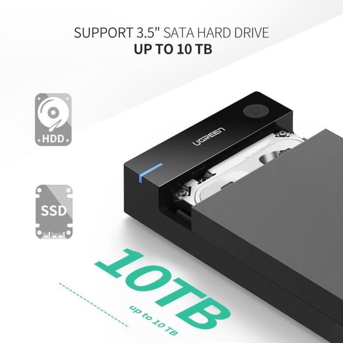 Accessoire pour disque dur GENERIQUE UGREEN USB 3.0 Boîtier Externe 3.5  Pouces Disque Dur SATA III II I HDD SSD 16To Max UASP Compatible 5Gbps Bloc  Alimentation Câble USB 3.0 Inclus
