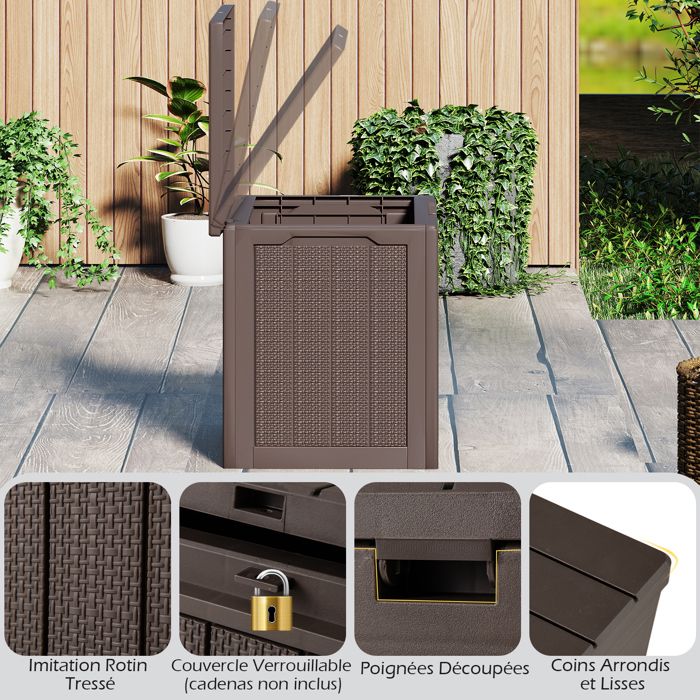 3 en 1 Coffre de Rangement Extérieure 220L Banc Coffre Rangement en Bois Massif avec Dessus Rabattable Organisateur Charge 150 KG