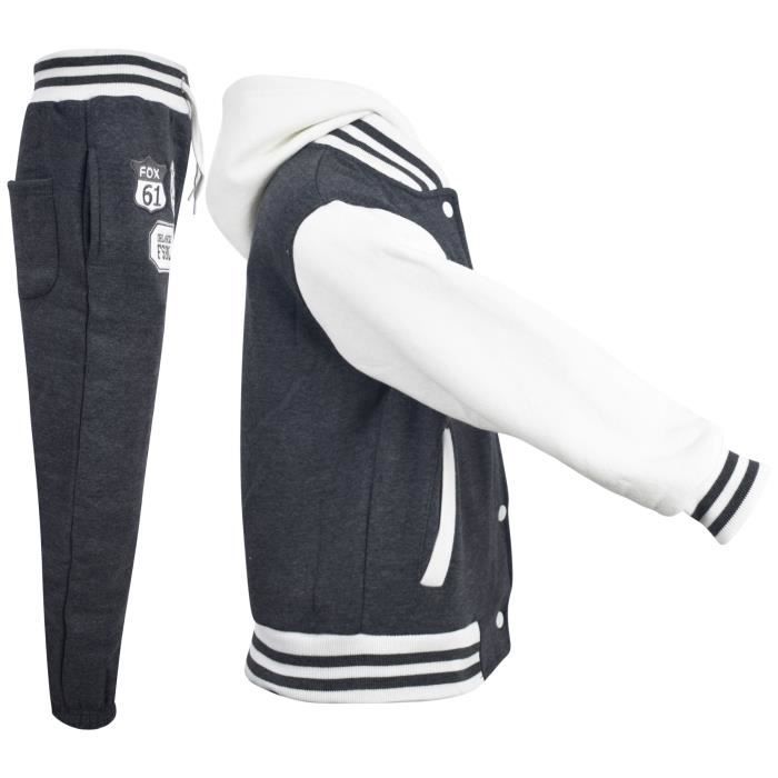 Survetement de baseball americain unisexe R Fashion Varsity pour enfants Gris Charbon Manches longues