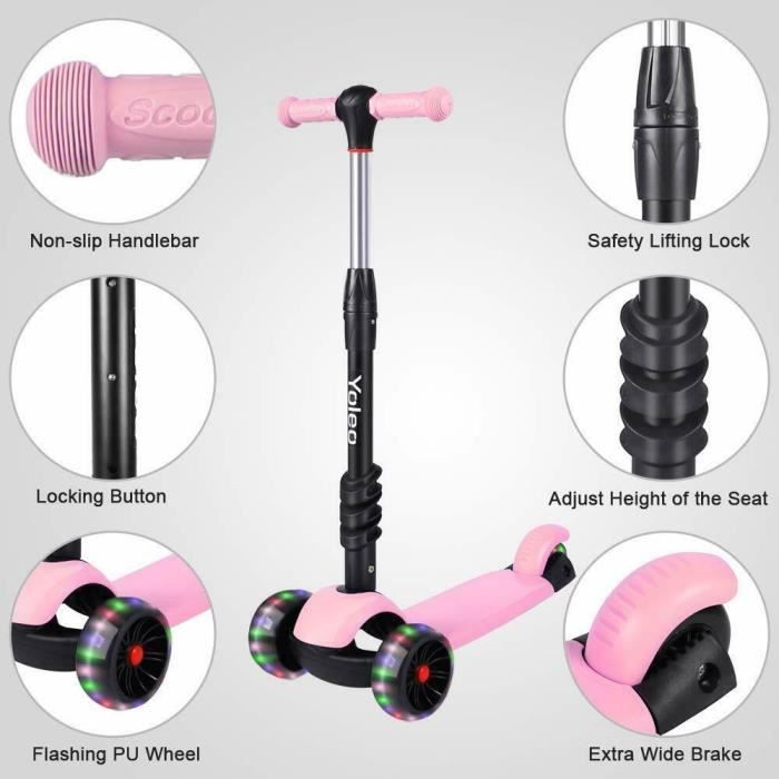 Trottinette Enfant 5 En 1 évolutive – Avec Siège, 3 Roues LED Sans Pile, Hauteur Réglable 58-66 Cm, Pliable, De 2 à 8 Ans, 80 Kg Max