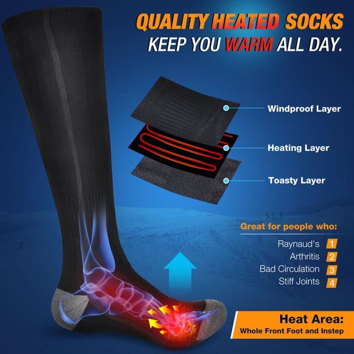 Chaussettes Chauffantes électriques Rechargeables - 4 Niveaux Température (40-65°C), Contrôle Par App, Pour Ski, Randonnée