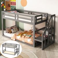 Lit Superposé Lit Enfant 90×200cm avec escalier de rangement,cadre de lit en bois massif avec sommier à lattes, Gris