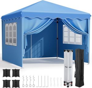 KIOSQUE - GAZEBO Tonnelle Jardin Pliable 3x3m,Oxford 420D,Tente Jardin,Imperméable,Tente de Fête avec 4 Parois Latérales,pour Le Camping (Bleu)