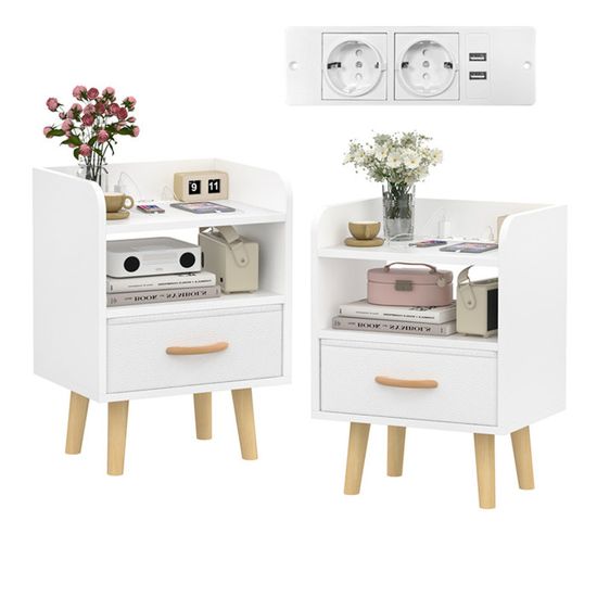 Tables De Chevet LED Avec Tiroir Caché Et Station De Charge - Meuble Blanc Avec Lumière à Détection
