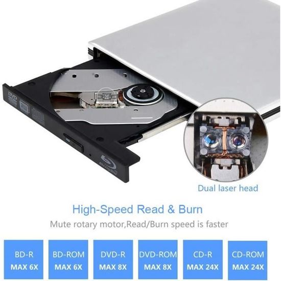 Acheter Nouveau lecteur de CD DVD Blu-ray externe USB 3.0 lecteur de  Blu-Ray 3D 4K graveur de graveur BD/CD/DVD portable pour Mac, Win 10,8,7,  XP, Vista, ordinateur portable, PC