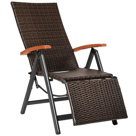 Chaise pliante en rotin Brisbane avec structure en aluminium et repose-pieds - TECTAKE - Marron