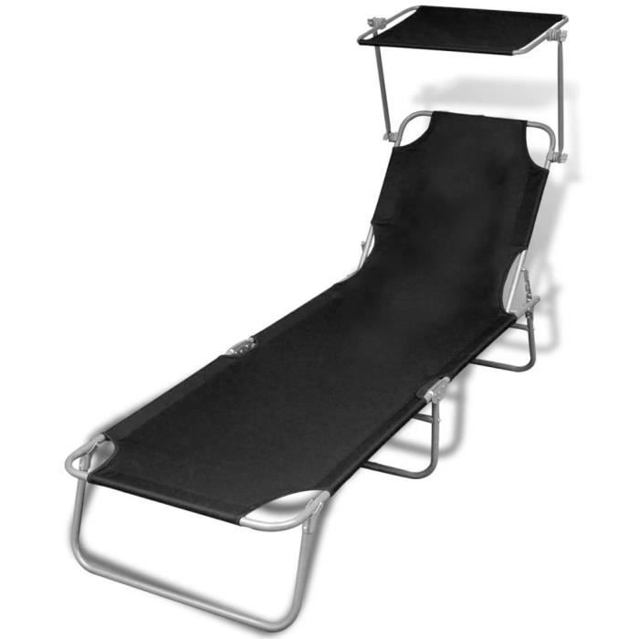 Chaise longue BAIN DE SOLEIL pliable avec auvent Acier et tissu Noir
