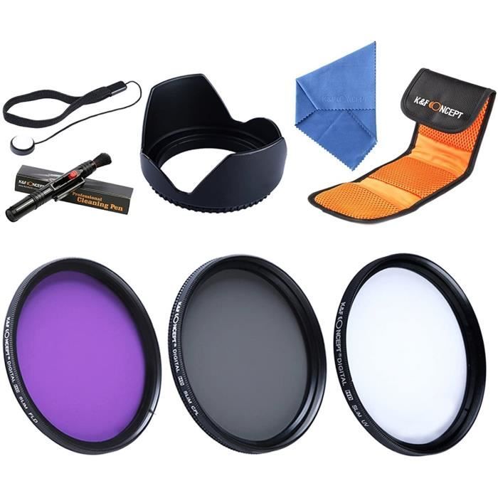 BOUCHON DOBJECTIF ncept Kit de Filtre Photos Objectif 58mm UV CPL FLD Chiffon de Nettoyage PareSoleil Stylo Bouchon avec Lens C677