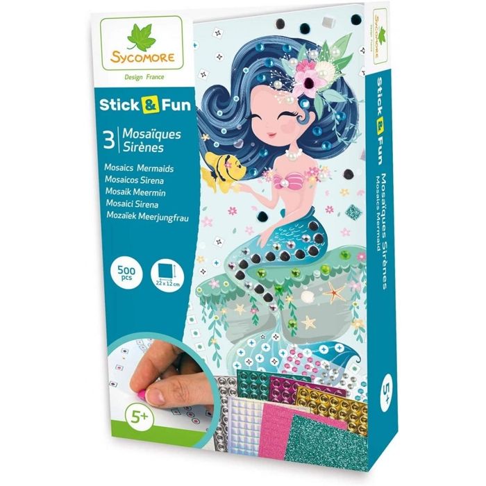 Sycomore- Mosaïques Autocollantes 3 Tableaux-Sirènes-Stick & Fun-Loisirs Créatifs Enfant-Dès 5 Ans