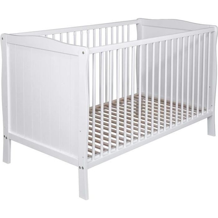 Lit bébé évolutif en bois massif blanc avec sommier réglable en hauteur 60x120 - Blanc - Baby Fox