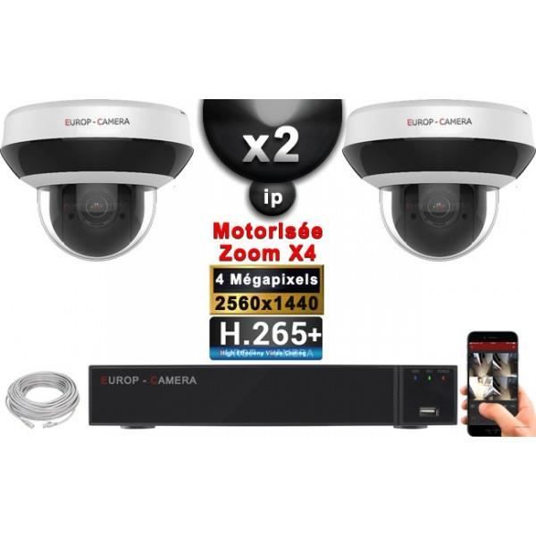 Kit Vidéo Surveillance PRO IP : 2x Caméras POE Dômes PTZ motorisée IR 20M 4 Mega