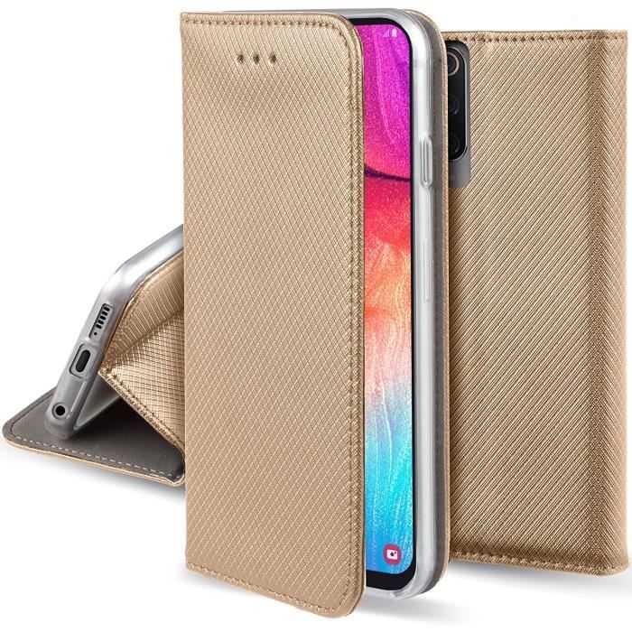 Coque a Rabat pour Samsung A50, Or - Housse Étui Fin Smart Magnétique avec Stand Pliant